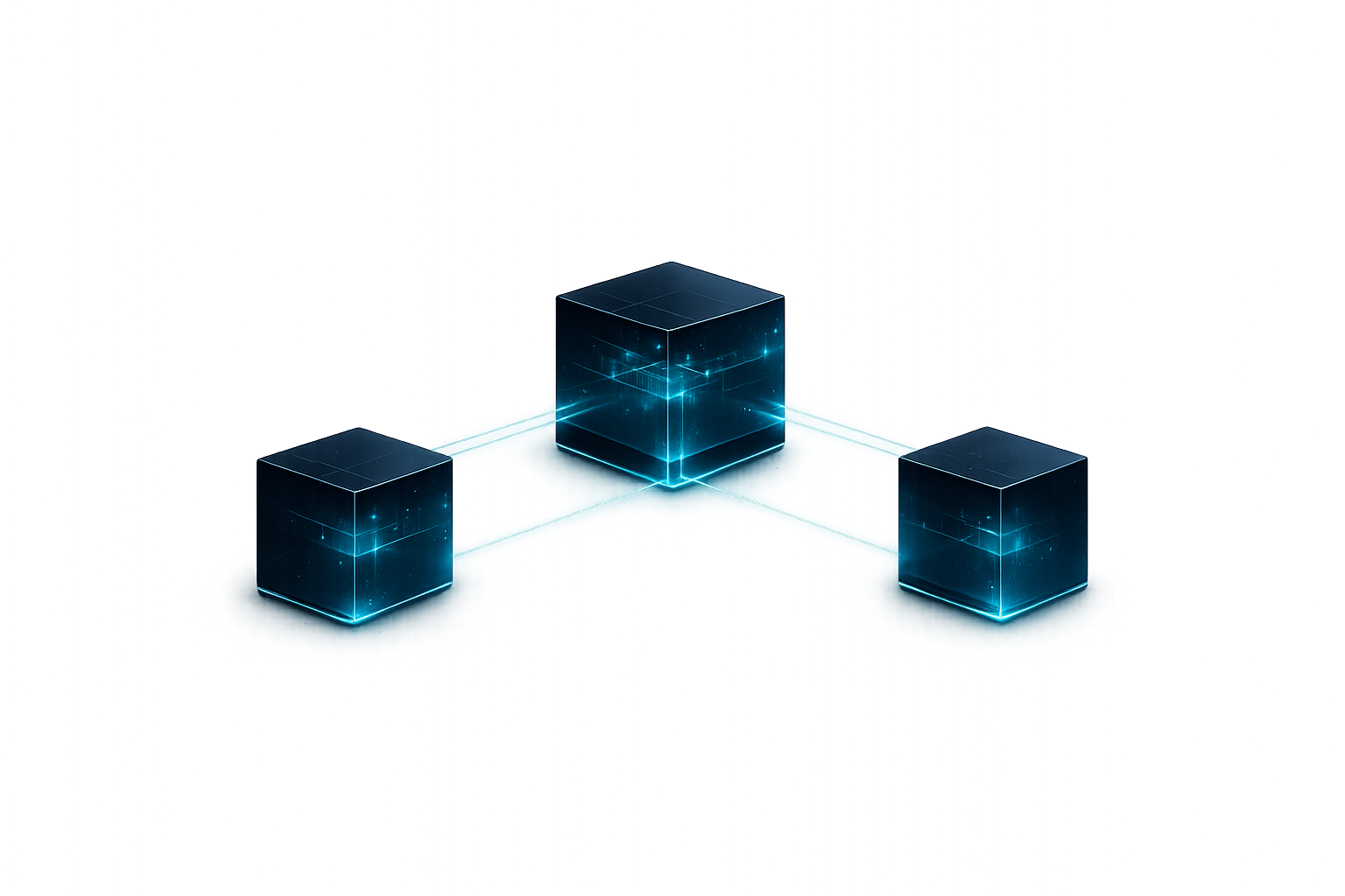 Three composable Chromoly tools connected by glowing teal lines, a CRM card, a central Projects cube, and an Invoices block, illustrating how separate focused systems built on Chromoly talk to each other via webhooks and APIs