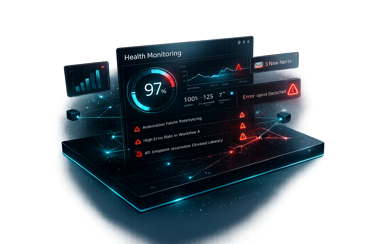 Health monitoring dashboard with uptime gauge, alerts panel, and per-automation failure rate tracking for deployed Chromoly systems